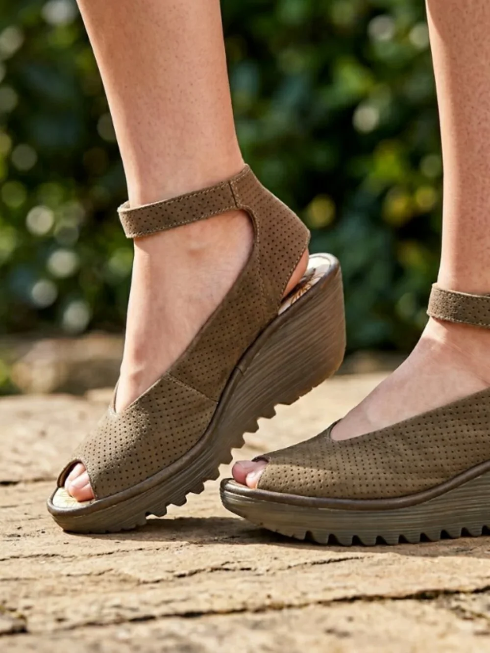 Fly London Yala beige perforated open toe ankle strap wedge heel